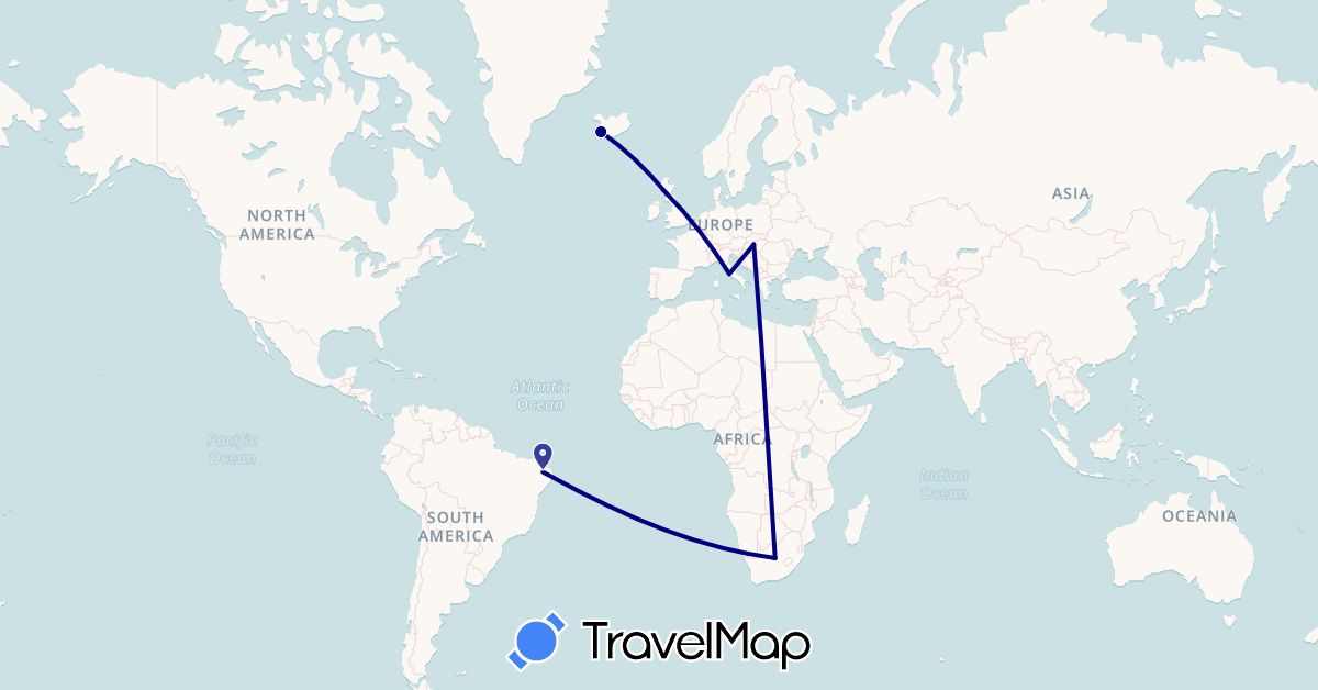 TravelMap itinerary: driving in Brazil, United Kingdom, Hungary, Iceland, Italy, South Africa (Africa, Europe, South America)